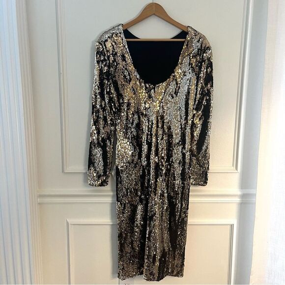 Dress The Population Natalie Long Sleep Low Back Sequin Dress Gold, Size XL, NWT - Picture 6 of 14